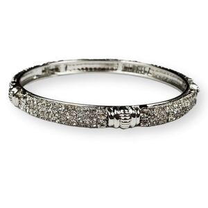 Pave White Rhinestone Bangle Bracelet Shiny Silver Tone Minimalist 8.25" Around